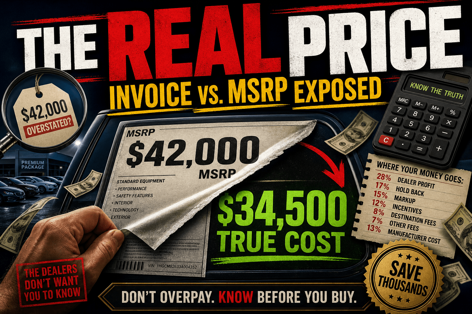 Car price sticker showing MSRP versus hidden dealer invoice cost with profit margin exposed