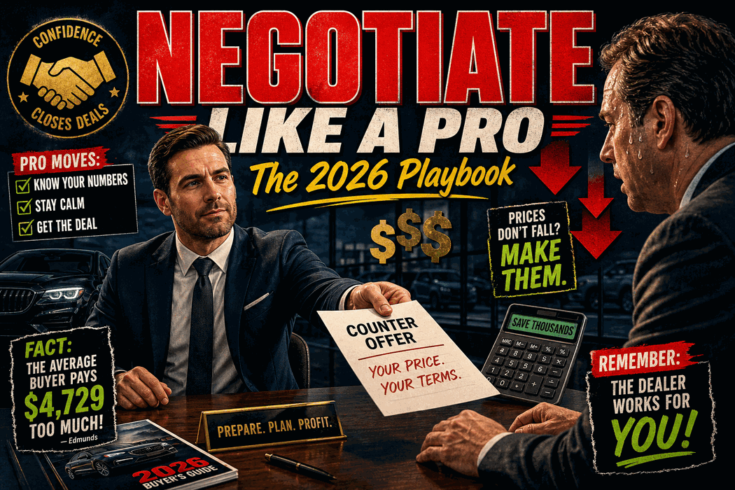 Confident car buyer negotiating lower price with dealer using counter-offer strategy
