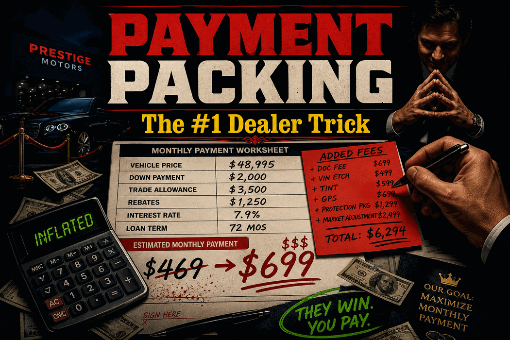 Car dealer adding hidden fees to monthly payment worksheet — payment packing trick exposed