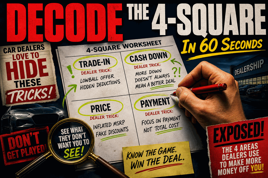 4-square car dealer worksheet broken down into four quadrants with negotiation tricks revealed