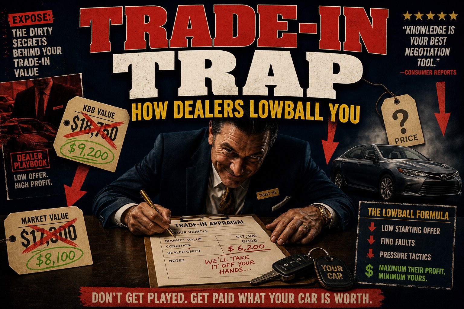 Car dealer secretly lowballing trade-in value on worksheet while buyer looks away